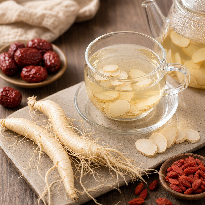 Fresh American ginseng tea preparation with thin root slices