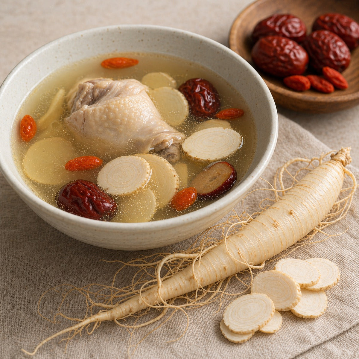 Fresh American ginseng slices in Chinese-style soup broth