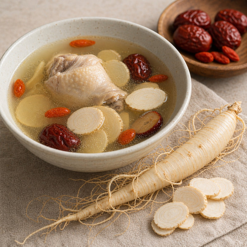 Fresh American ginseng slices in Chinese-style soup broth