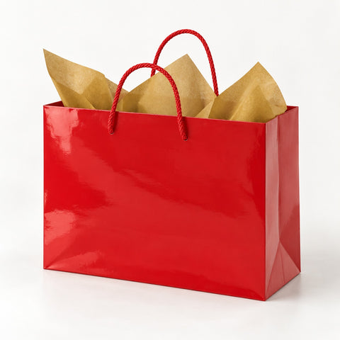 Red gloss gift bag with antique gold tissue