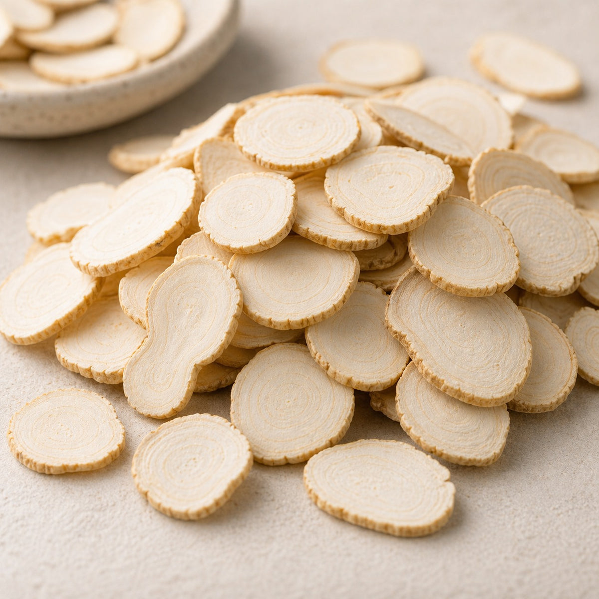 Close-up of Wisconsin American ginseng slices