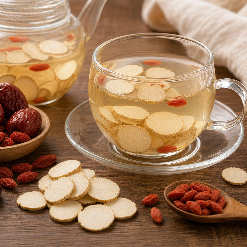 Wisconsin American ginseng slices steeping as tea