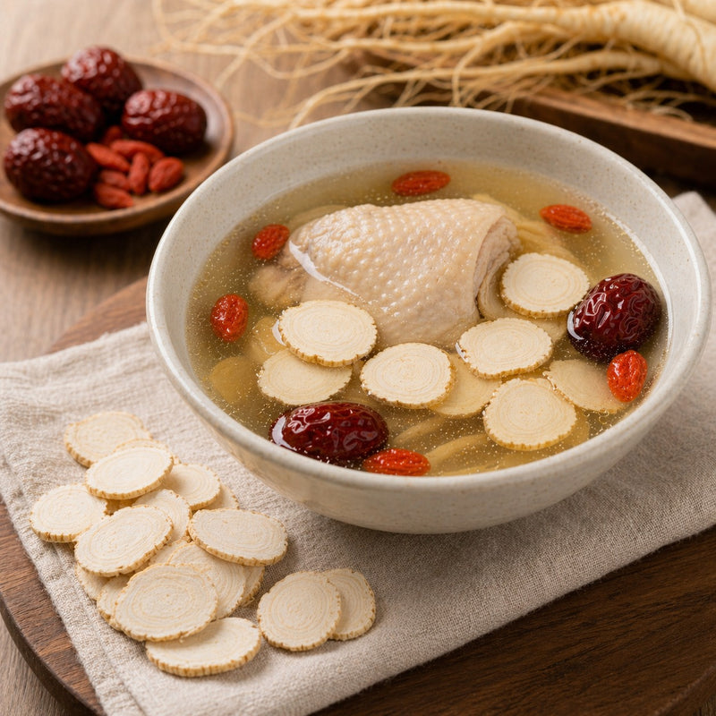 Wisconsin American ginseng slices in Chinese-style soup broth