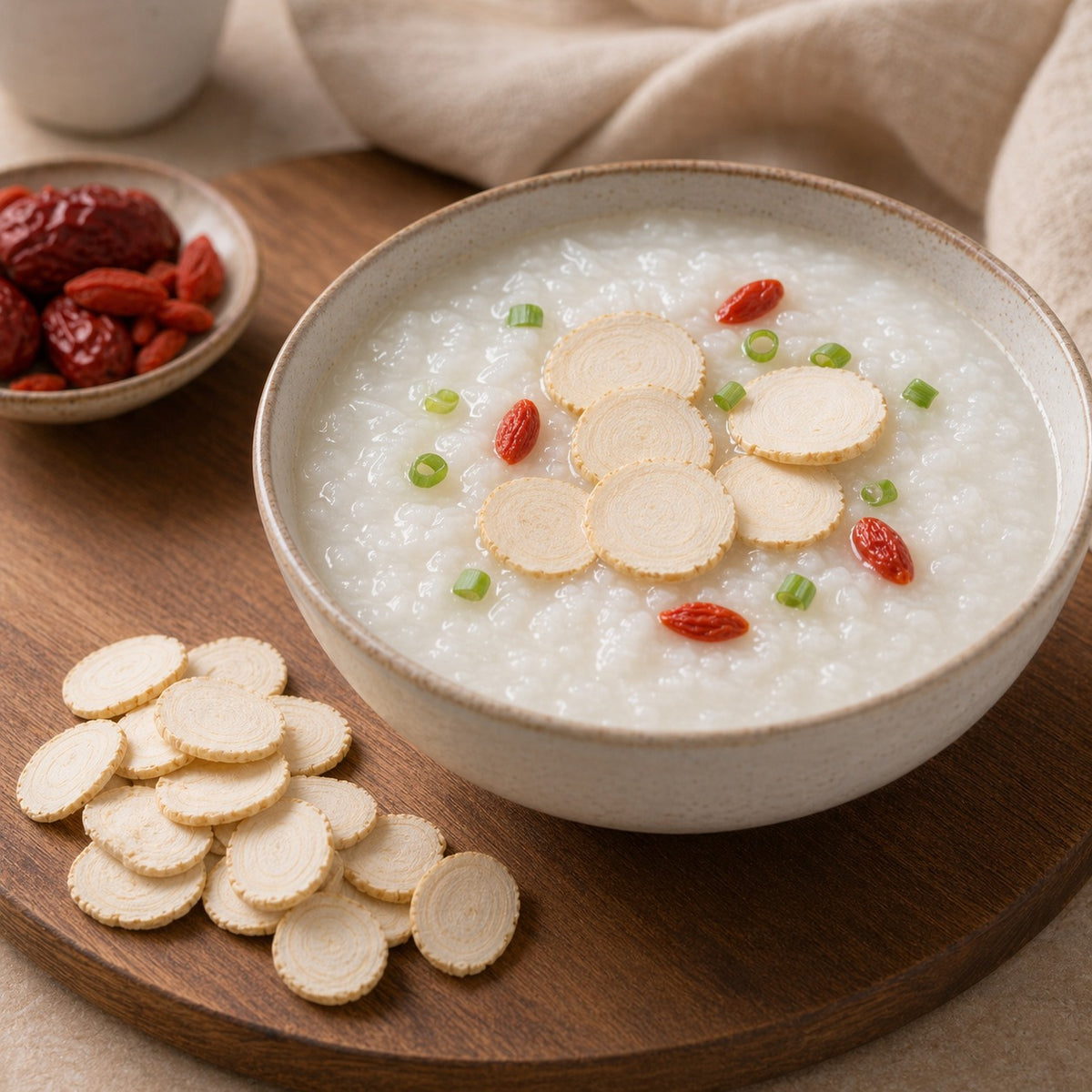 Wisconsin American ginseng slices served with rice congee