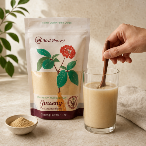 Wisconsin American ginseng powder being stirred into a drink