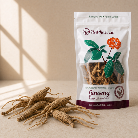 Heil Harvest pouch with a naturally branched loose cluster of 5-year Wisconsin American ginseng roots