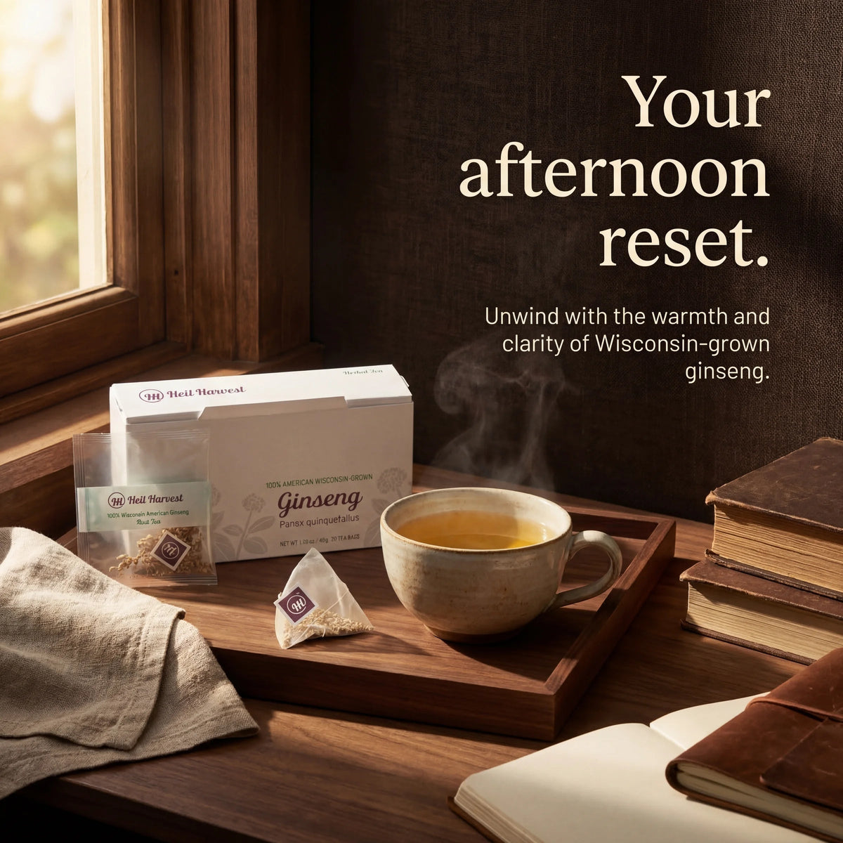 Wisconsin American ginseng tea served in an afternoon tea setting