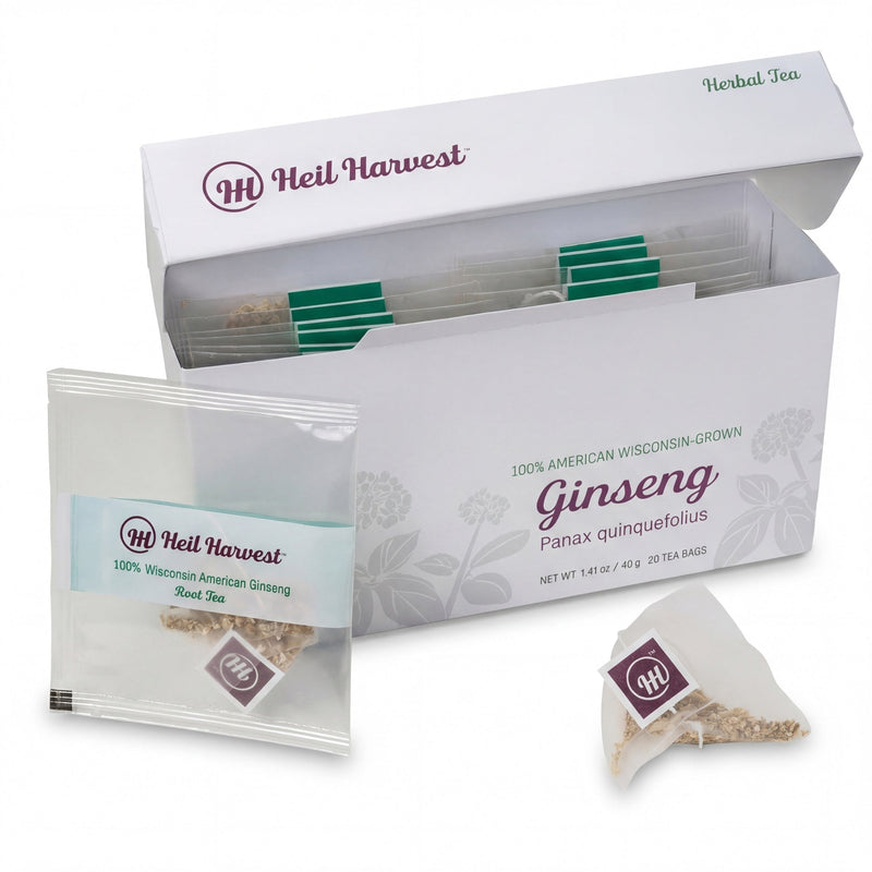 Heil Ginseng tea packaging and tea bags on a clean white background