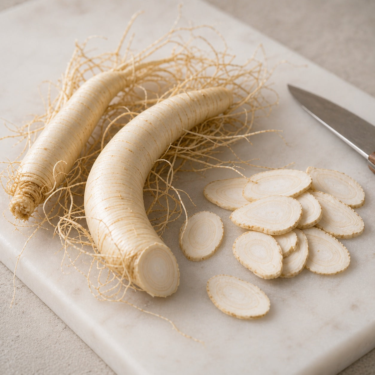 Whole ginseng roots and fresh-cut slices on a board
