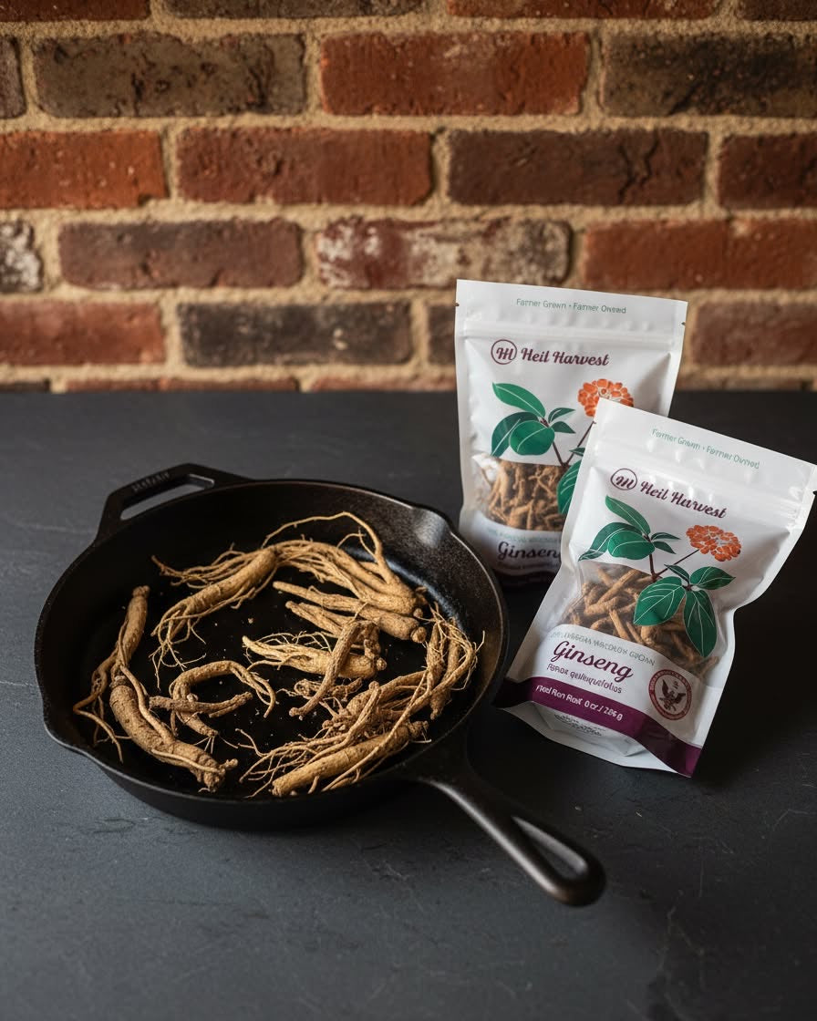 A cast-iron skillet heaped with whole Wisconsin ginseng roots beside two Heil Harvest bulk packages.