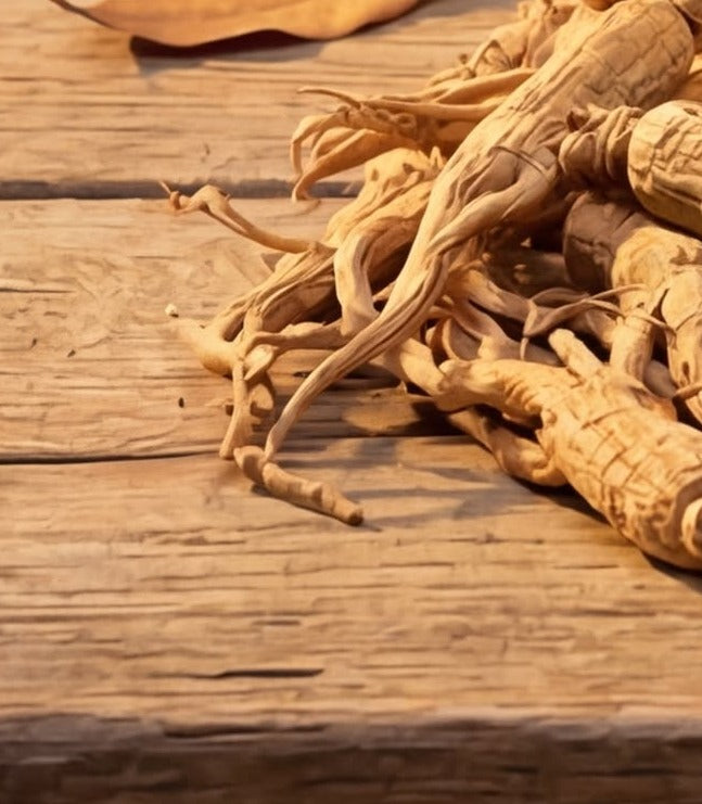 A generous pile of Wisconsin whole ginseng roots on a rustic wood table.