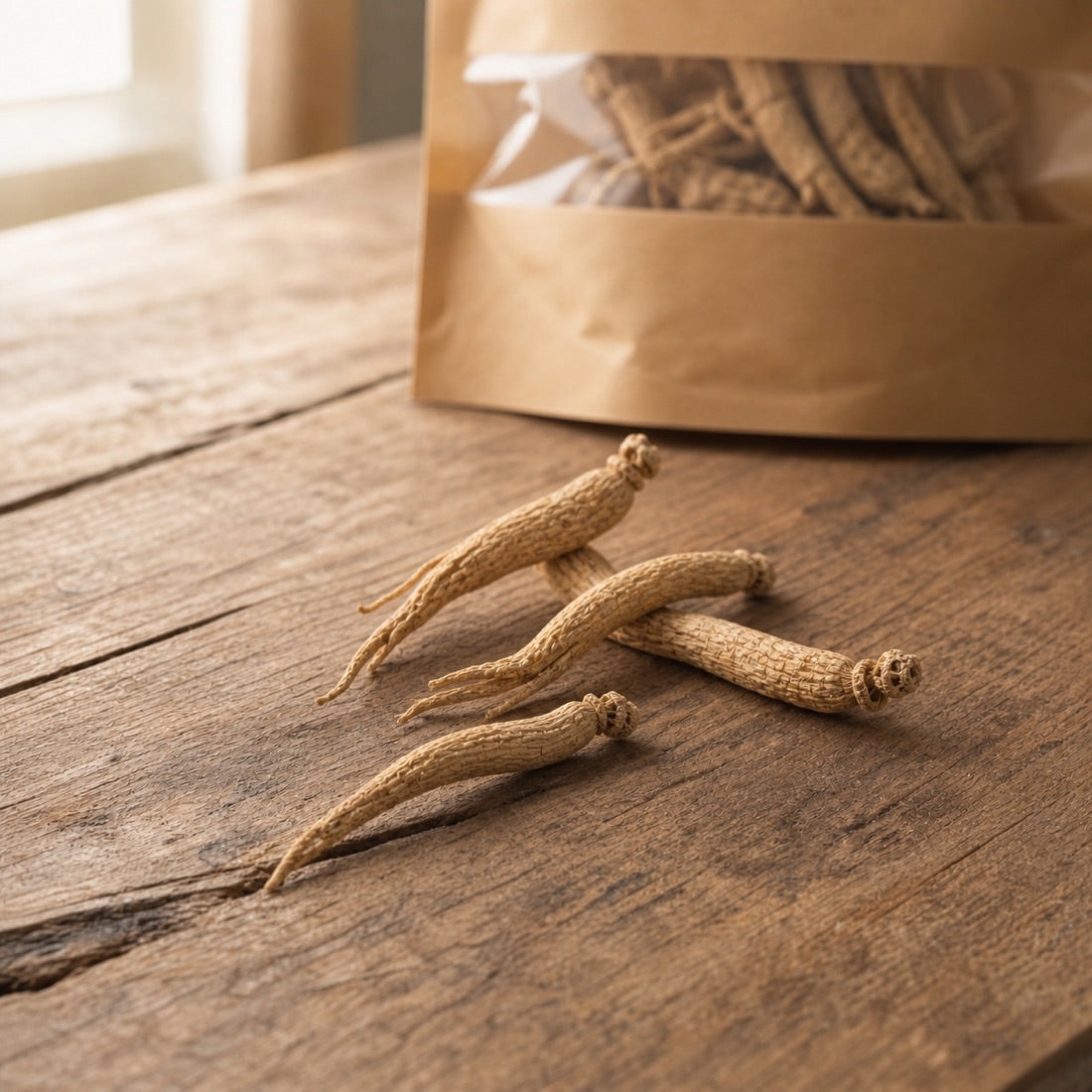 A natural group of slender younger Wisconsin whole ginseng roots with lighter branching.