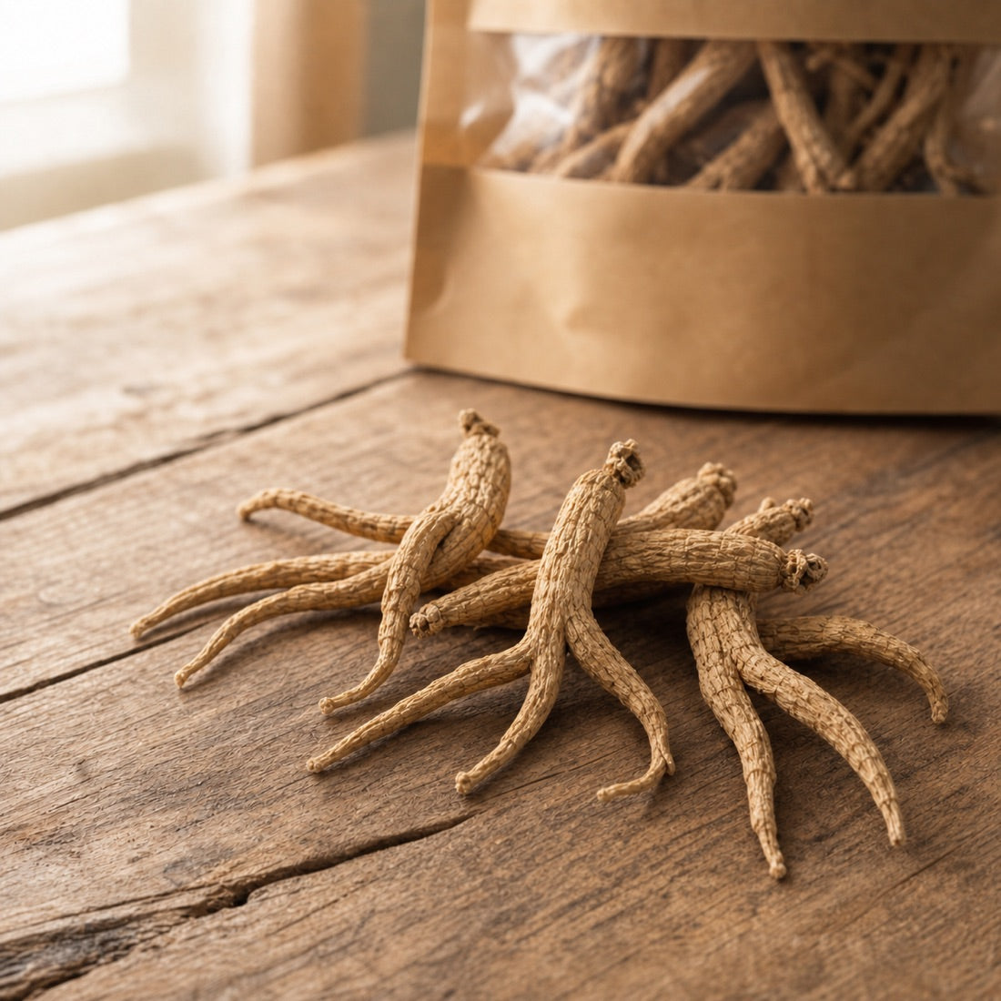 A natural group of fuller four-year Wisconsin whole ginseng roots.