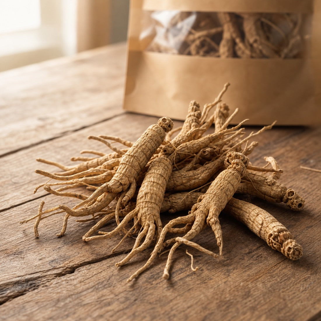 A premium group of large, mature five-year Wisconsin whole ginseng roots.