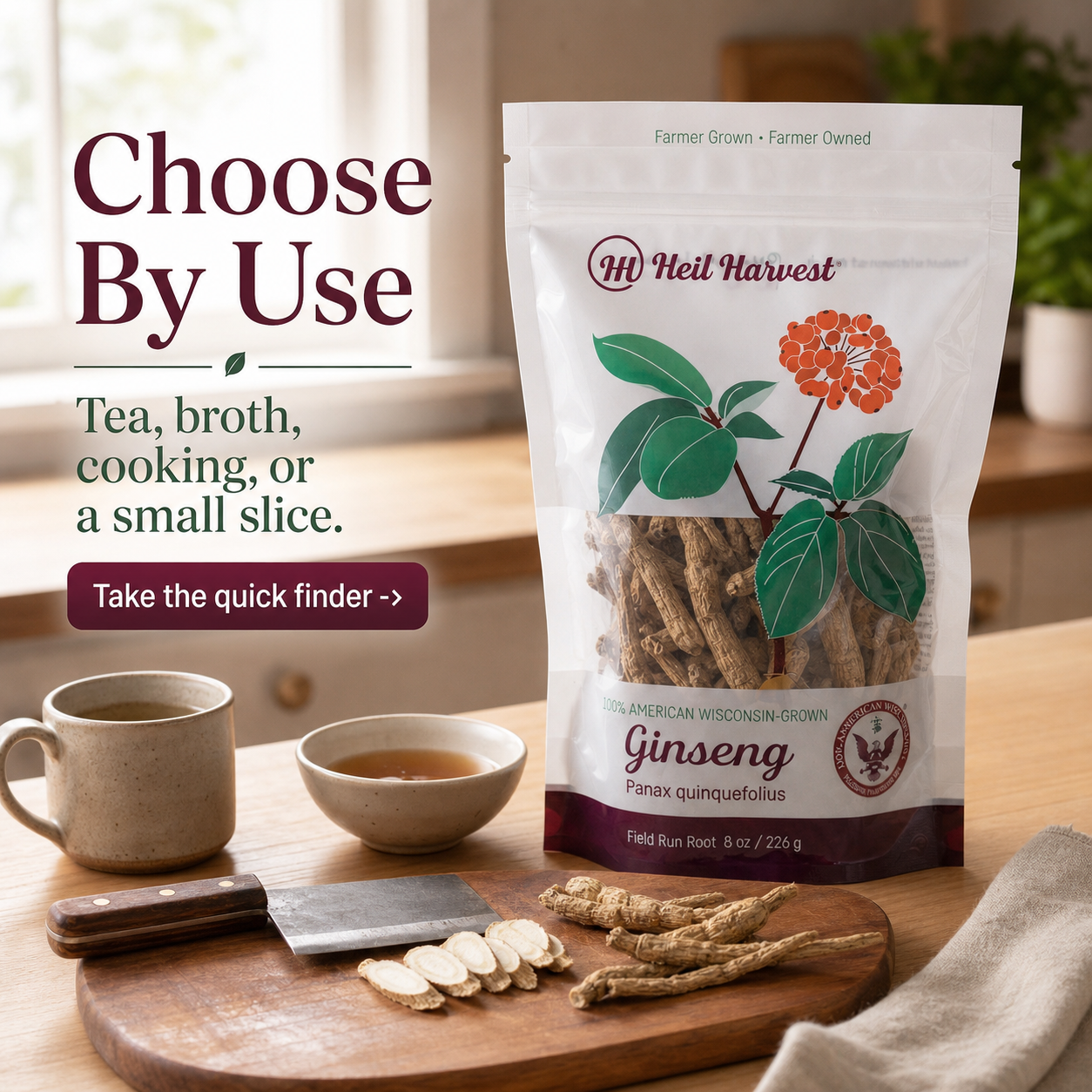 Heil Harvest Wisconsin ginseng packaging with whole roots arranged for an approachable starter choice.