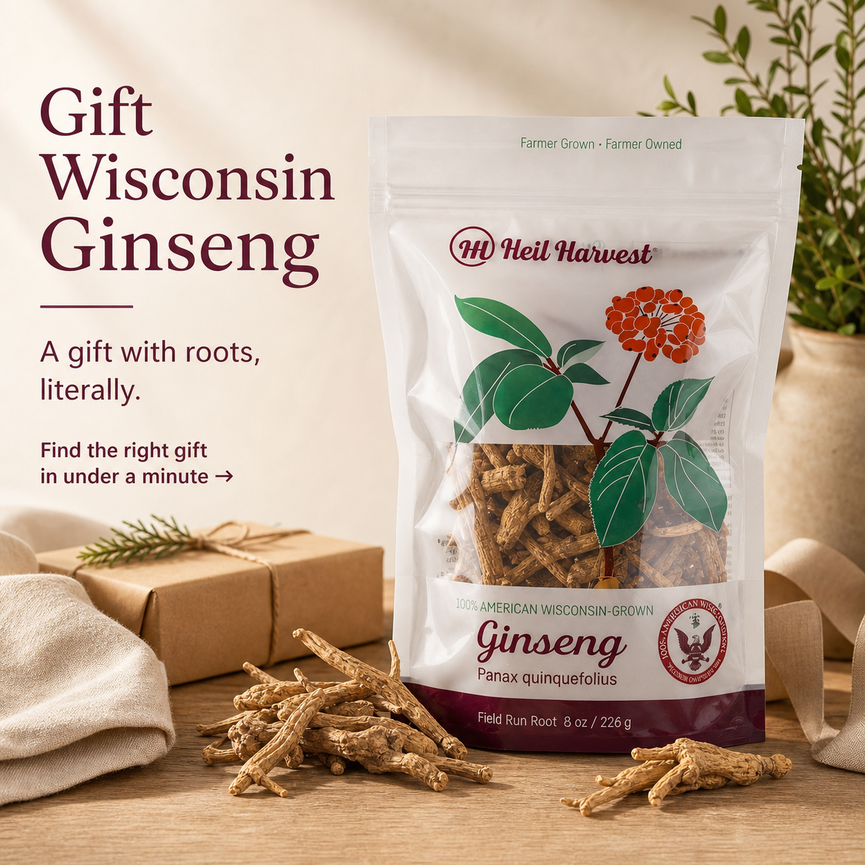 Heil Harvest Wisconsin ginseng packaging with whole roots in a premium gift-style presentation.